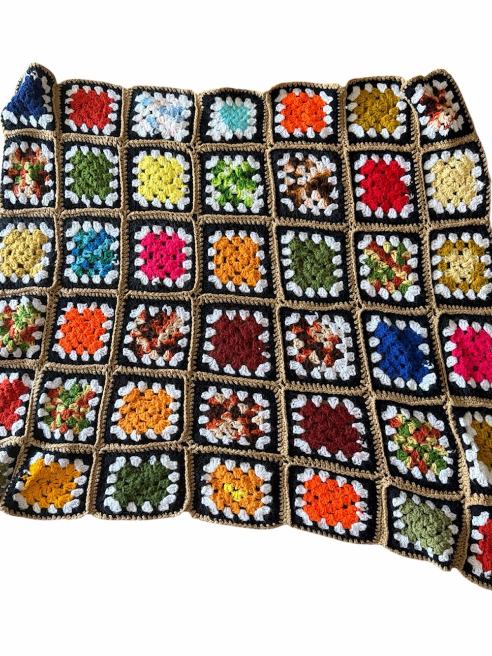 Vtg BOHO Handmade Multicolor Crochet Granny Square Throw - Picture 1 of 2